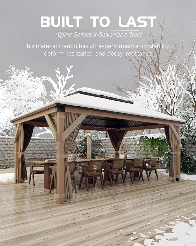 10x12FT Hardtop Wood Gazebo, Cedar Frame Outdoor Pavilion with Double Galvanized Steel Roof, Curtains and Netting Included, Ceiling Hook for Patio Backyard Deck Lawn Garden, Khaki