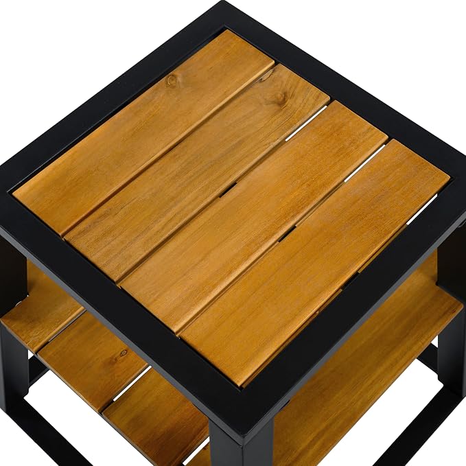 Christopher Knight Home Tova 2-Tier Acacia Wood Outdoor Side Table, Decorative Square Small Accent Table with Slatted Design, Weather Resistant Patio End Table with Iron Frame for Balcony, Teak+Black