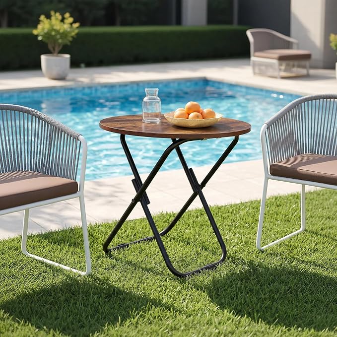 VECELO Patio Outdoor Side Table,17.7 inch Small Folding Table Round Waterproof Wood Table, Foldable Anti-Rust Metal Legs Snack Desk for Garden Balcony,Yard,Living Room