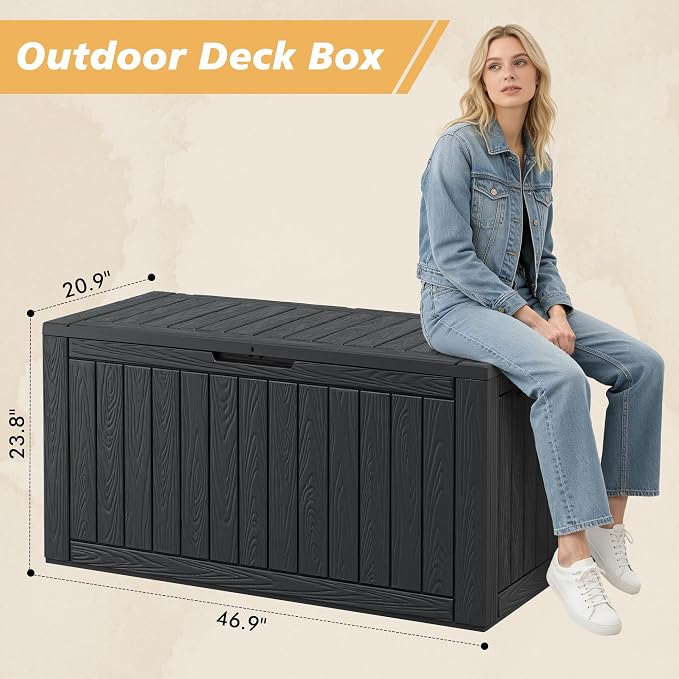 Fancyango 110 Gallon Outdoor Deck Box Waterproof, Large Storage Box for Patio, Resin Storage Bench Lockable for Garden Tools, Package Delivery, Black