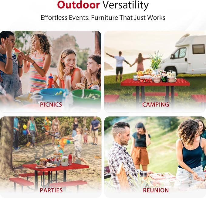 Leisure Craft Metal Picnic Table with Bench - 46" Square Outdoor Dining Table with Umbrella Hole, Heavy Duty Thermoplastic Coating, ADA Compliant, Commercial Grade Furniture Made in USA - Red