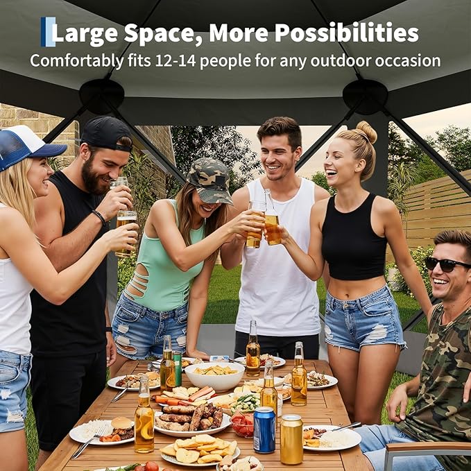 GarveeLife 13x13FT 6-Sided Pop Up Canopy Tent，One-Push Setup Canopy Tent with Removable Canopy Top & Wind Cloths, Outdoor shelter for Camping, Backyard Parties, Outdoor Events - Grey