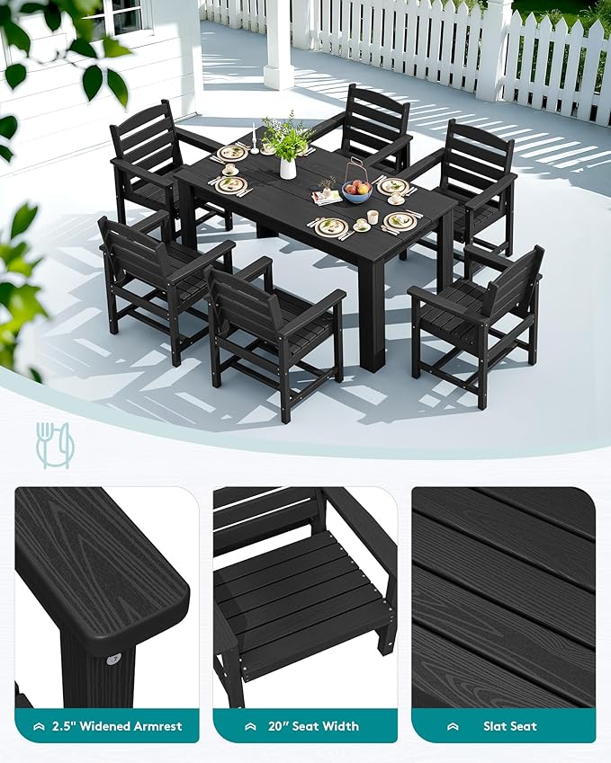 SERWALL Patio Dining Set for 4, Outdoor Dining Sets for 4 Person with 1 Umbrella Hole Cut-Out Rectangular Table and 4 Chairs, HDPE Dining Sets for Garden, Backyard, Poolside, Black