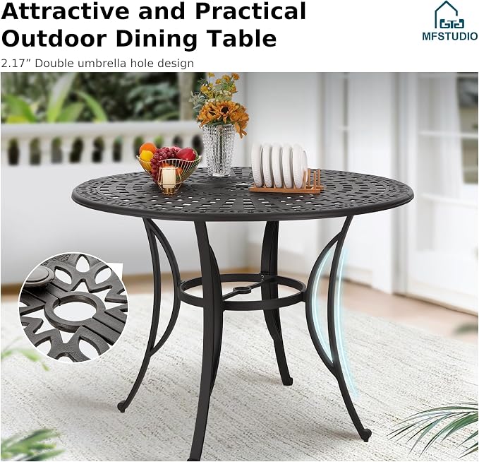 MFSTUDIO Cast Aluminium Bar Height Outdoor Table, Round | 54.35”Dia x 39.4”H, 2.17" Umbrella Hole, Retro Hollow Pattern, Adjustable Non-Scratch Feet, for 6 Person, for Patio Backyard