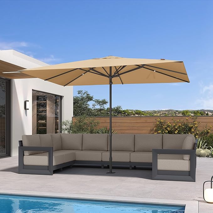 PURPLE LEAF 11' x 8' Rectangular Semi-Auto Outdoor Patio Umbrella Aluminium Market Umbrella Table Sun Umbrella with 1.89" Rod and 8 Sturdy Ribs for Deck Lawn Pool Garden, Beige