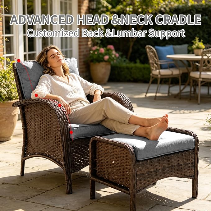 SHGJ&SOFT All Weather Patio Furniture Set, High Back Swivel Rocker Glider Chairs，Ottomans & Glass Tables, Outdoor Conversation Set for Deck Porch Yard Poolside (Grey, 5PCS-Sofa&Swivel Chairs&Tables)