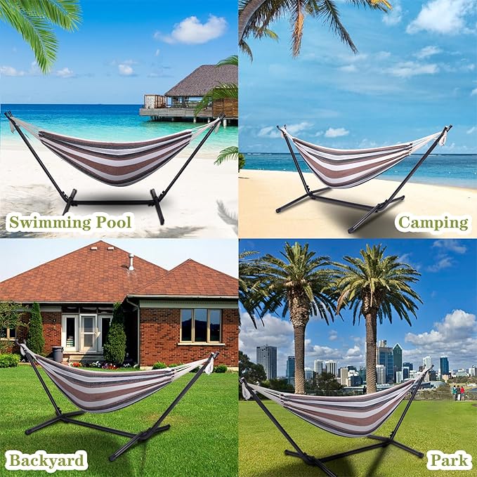 Portable Hammock with Stand, Heavy Duty Hammock with Carrying Bag, Polyester Outdoor Leisure Hammocks for Outside Backyard, Camping, Garden, Yard, Patio, Hamaca con Soporte (Brown Stripes)