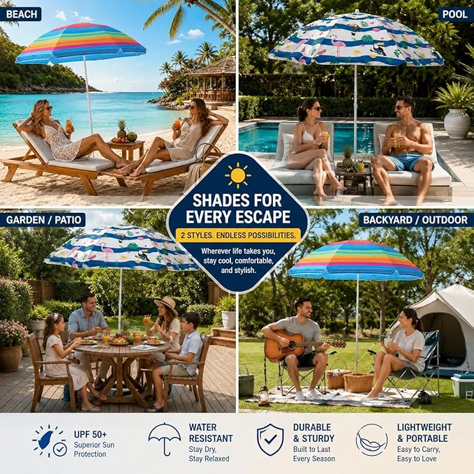 PMU 4 Pcs Set Beach Umbrella 72in Open – Tropical Flamingo Print & Rainbow Stripe, 160G Polyester Large Outdoor Patio Pool Parasol Umbrella for Garden, Deck, Backyard & Pool