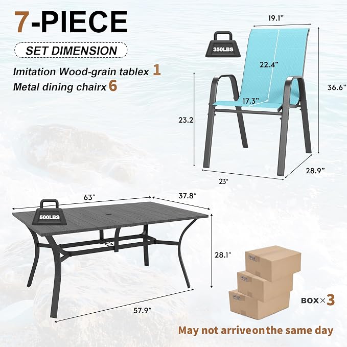Outdoor Dining Set for 6, Patio Metal Table and Chairs Set with 1.97'' Umbrella Hole, 7pcs Patio Furniture Set 63”x37.8” Dining Table Set with Stackable Chairs for Backyard Pool Deck