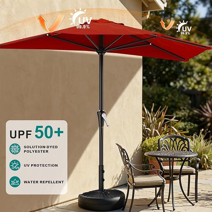 AreShark 9FT Half Patio Umbrella, Outdoor Wall Umbrella with Crank & 5 Sturdy Ribs, Table 1/2 Umbrella Patio for Garden, Deck, Balcony and Pool, Red