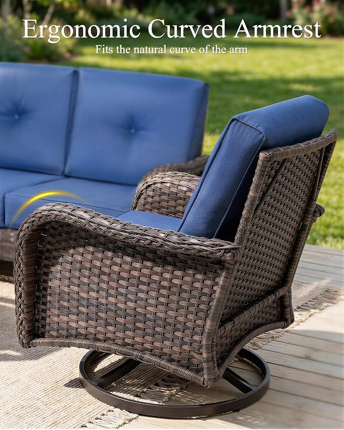 Outdoor Patio Swivel Rocker Chairs Set of 2 with Table, All-Weather Wicker Rattan Patio Furniture Set with 6-Inch Thick Cushions, Conversation Seating for Porch Backyard Deck (Navy Blue,3 PCS)