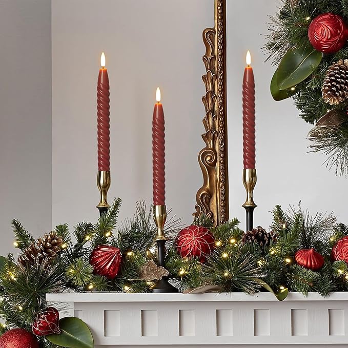 Flameless Taper Candles Real Wax Flickering with Remote Timer, Brownish Red 3D Wick LED Spiral Candles Battery Operated 6 Pack 9.8 inch, Wedding Birthday Home Party Holiday Dinner Decor