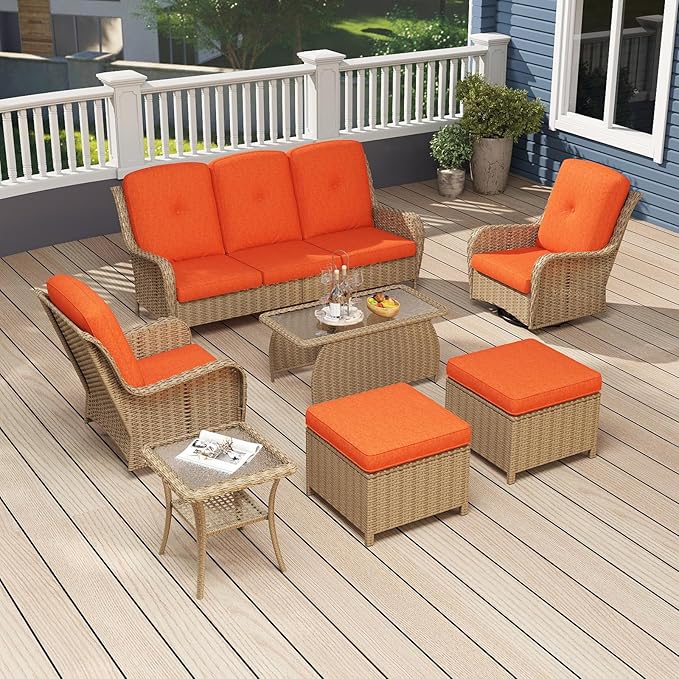 kinbor Outdoor Sectional Furniture - Outdoor Patio Conversation Sets, 7 Pieces Outdoor Sectional Sofas with Swivel Rocking Chair, Brown Wicker Rattan Patio Furniture Set, Orange