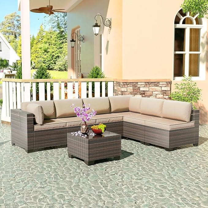 7 Pieces Outdoor Patio Furniture Sets Wicker Conversation Set Sectional Sofa Includes 6 All-Weather High Back Deep Seat PE Outdoor Sectional