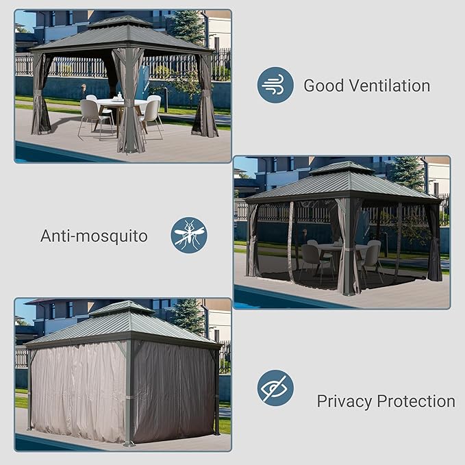 Domi 10' X 13' Hardtop Gazebo, Upgraded Metal Gazebo with Drainage System, Dual-Layer Galvanized Steel Roof, Curtain and Netting, Outdoor Shelter Canopy for Patio, Garden, and Backyard, Grey