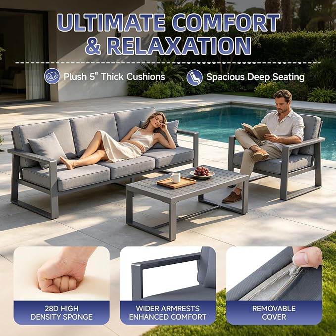 Premium Aluminum Patio Furniture Set 5 Piece,Outdoor Conversation Set with Wide Armrests,5" Thick Cushions, Olefin Fabric,Rustproof Metal Frame,Deep Seating Patio Sofa Set for Backyard,Deck,villa,Gray
