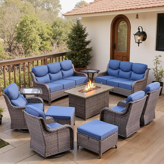 Belord Luxury 6" Thick Cushioned 11 Pieces Patio Furniture Set with Fire Pit Table, Wicker Outdoor Conversation Set with High Back Swivel Rocker Chairs for Deck Porch Yard and Poolside - Brown+Blue