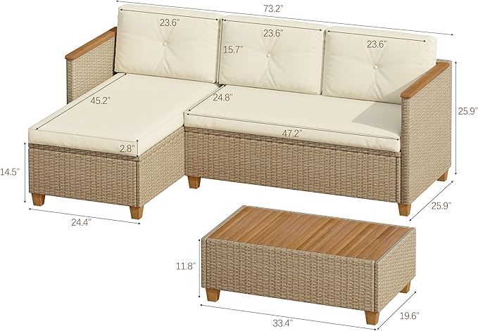 Patio Furniture Set Small Rattan Conversation Set, 3 Piece Wicker Outdoor Sectional Chaise Longue with Acacia Wood Coffee Table,L-Shaped Sofa Couch for Deck Garden Balcony, Beige
