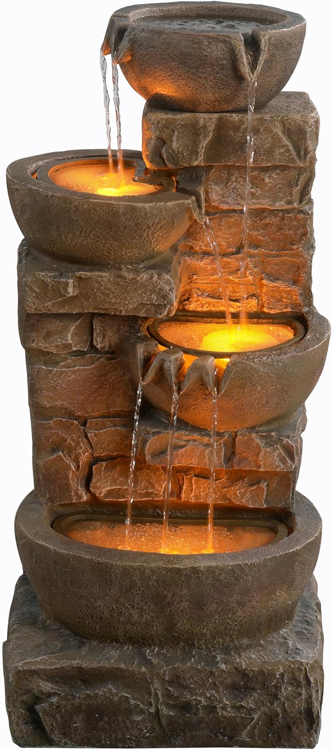 Teamson Home 33.27" Outdoor Freestanding Water Fountain with LED Lights, Cascading Bowls & Stacked Stones, Floor Fountain for Patio, Garden, Balcony, Lawn, Yard Decor, Brown Polyresin