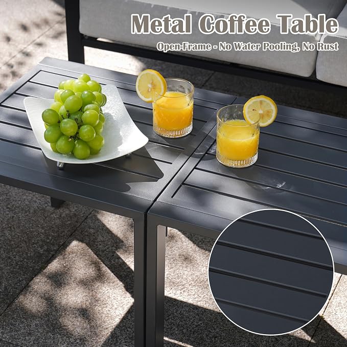 6 Pieces Rattan Outdoor Furniture Set, All-Weather Patio Conversation Set with Warm Grey Cushions, Coffee Table and 28" Fire Pit Table for Garden, Backyard, Balcony, Poolside