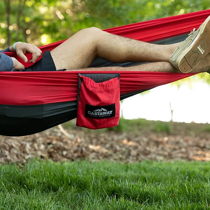 Hammock In a Bottle By Castaway Living, Red/Black Double Camping Hammock with 2 Tree Straps, 32 oz. Bottle, Triple Stitched Durable Nylon Material, Compact Design for Travel, Beach, Backyard, 400 Lbs.
