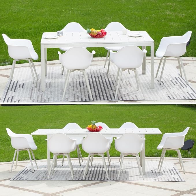 Domi Patio Dining Expandable Table, Metal Aluminum Outdoor Table for 6-8 Persons, Rectangular, Ivory White