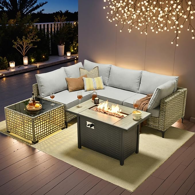 Outdoor Patio Furniture Sets,6 PCS Patio Conversation Set Outside Rattan Sectional Sofa with 42 in Fire Pit Table&Coffee Table Fit Backyard Porch Garden Poolside Balcony