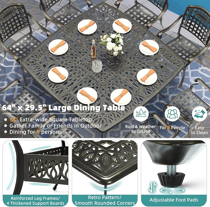 MEETWARM 9-Piece Outdoor Furniture Dining Set for 8, All Weather Cast Aluminum Patio Dining Set- Large 64" Square Table and 8 Chairs, Patio Table and Chairs Set for Garden, Umbrella Hole, Dark Bronze
