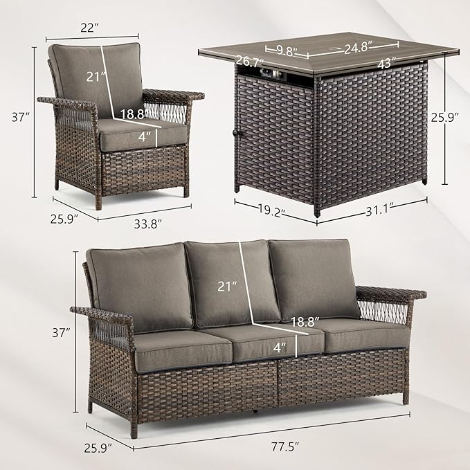 Patio Furniture Set with Fire Pit Table, 4PCS Conversation Set Brown Resin Wicker Chair and Sofa with 41in Rectangular Firepit Table PE Rattan Furniture Set