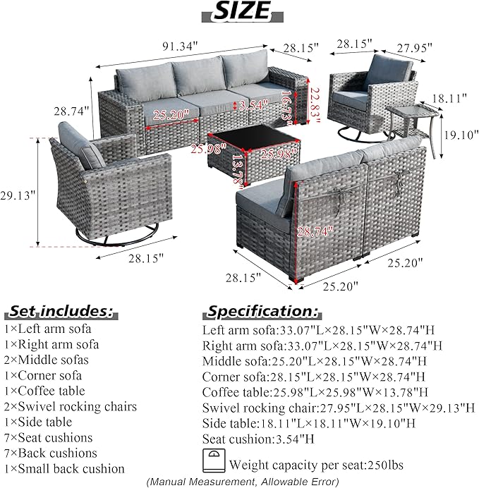 HOOOWOOO Outdoor Patio Sectional Furniture Sofa Set with Swivel Rocking Chairs,9 Piece Modern Wicker Couch with Widened Armrest,Modular Conversation Seating Set for Garden(Dark Grey)