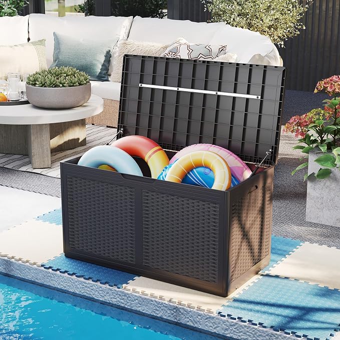 Moccha 100-Gallon Outdoor Storage Box - Waterproof Resin Deck Box with Lockable Lid & Wheels, Faux Rattan Outdoor Storage Bench for Pool Accessories, Garden Tool, Patio Furniture Cushion (Brown)