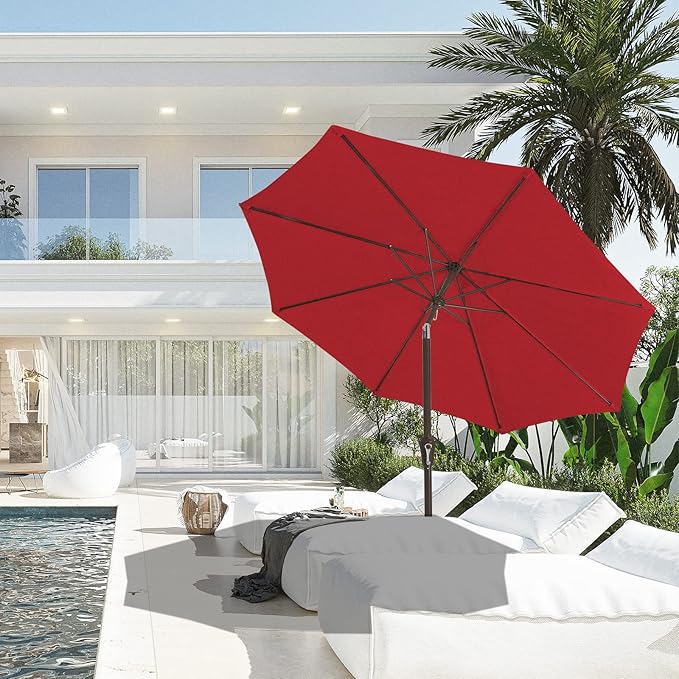 JEAREY 9FT Outdoor Patio Umbrella Outdoor Table Umbrella with Push Button Tilt and Crank, Market Umbrella 8 Sturdy Ribs UV Protection Waterproof for Pool, Garden (Red)