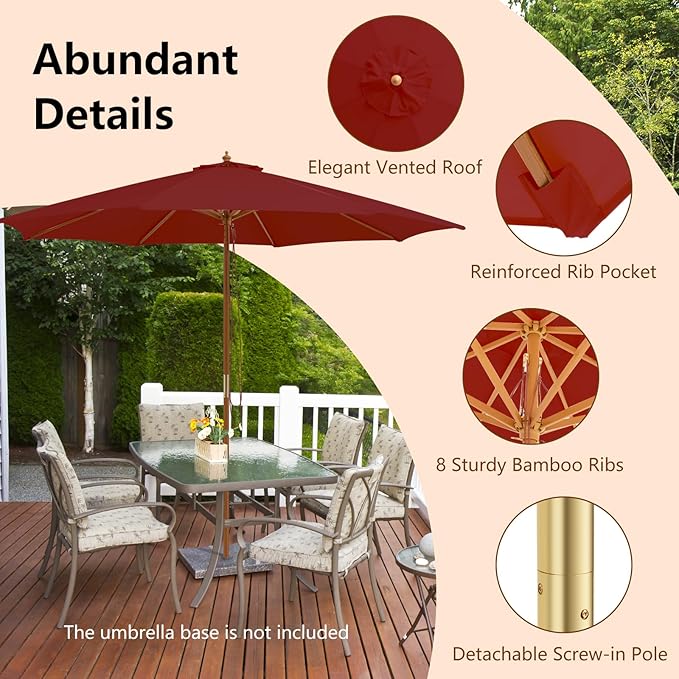 HAPPYGRILL 10 FT Wooden Patio Umbrella with Rope Pulley Lift, 8 Bamboo Ribs, 3 Adjustable Heights, Vented Roof, Outdoor Table Umbrella for Garden Poolside Backyard (Wine)