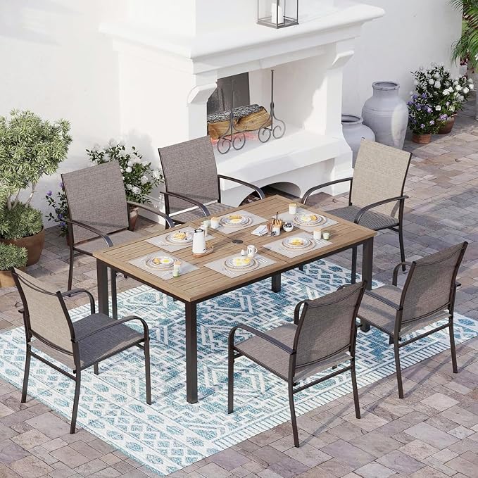 SUNSHINE VALLEY Patio Dining Set for 6, Rectangular Wood-Like Metal Table with Umbrella Hole and 6 Brown Chairs, Outdoor Table and Chairs for Lawn Garden Backyard and Deck
