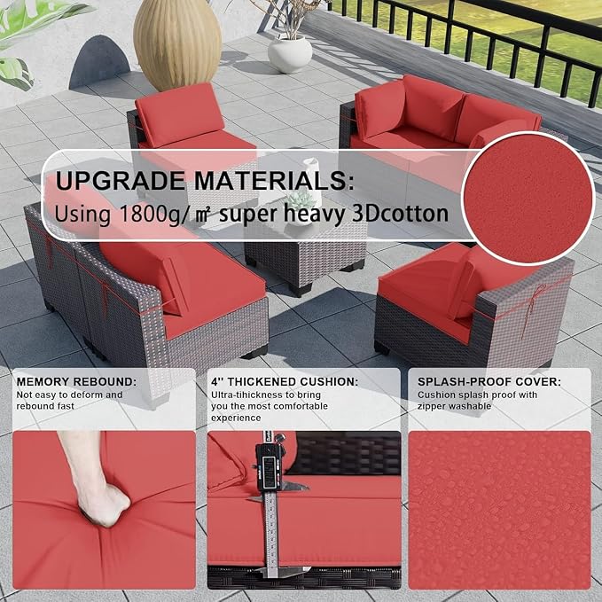 PE Rattan Outdoor Patio Furniture 7 Piece Set with Handwoven Wicker Sofa Sectional, Tempered Glass Coffee Table and 6 Cushions, Backyard Conversation Set for Deck Garden Poolside Lounge
