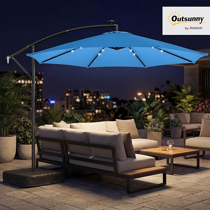 Outsunny 10 ft Cantilever Patio Umbrella with Solar LED Light, Sandbag Weight, Offset Hanging Outdoor Market Umbrella with Protective Cover, Crank and Tilt