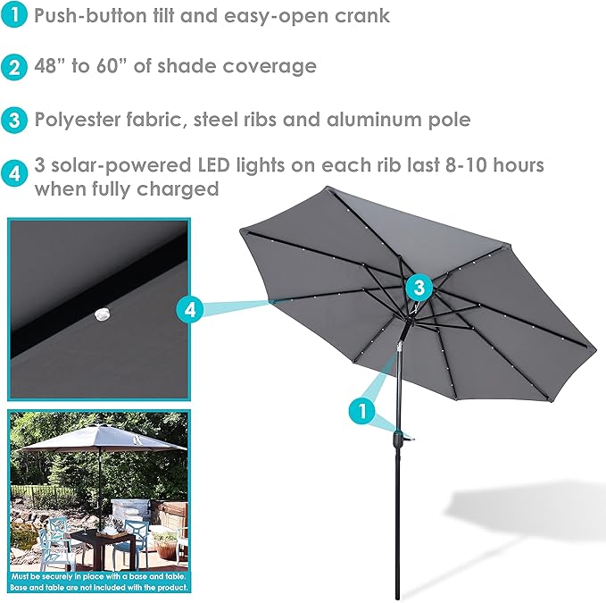 Sunnydaze 9 ft Outdoor Patio Umbrella with Solar Lights - Polyester LED Table Market Umbrella with Push-Button Tilt and Crank - Gray