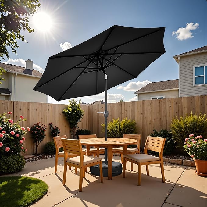 Greesum Outdoor Patio Umbrella with Base, Table Umbrella with 8 Sturdy Ribs, Push Button Tilt and Crank, Market Table Parasol for Garden, Lawn, Backyard & Pool, Black