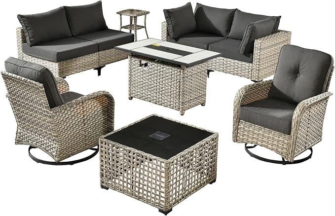 Outdoor Patio Furniture Sets,9 PCS Patio Conversation Set Outside Rattan Sectional Sofa with 42 in Square Fire Pit Table Wicker Rocking Chair Coffee Table Fit Backyard Garden Poolside Balcony