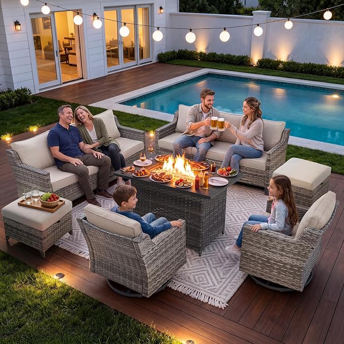 Belord Patio Wicker Swivel Rocker Patio Chairs with 3-Seater Sofa and Propane Fire Pit Table, Outdoor Furniture Set for Deck Porch Poolside, 7 Piece Patio Conversation Furniture Set,Beige