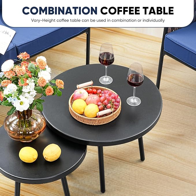 5 Pieces Patio Furniture Set,Outdoor Conversation Set with 2 Round Side Tables,Modern Metal Outdoor Couch with Waterproof Cushions for Backyard,Porch,Navy