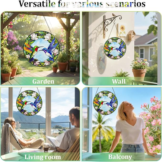 Stained Glass Window Hanging - Colorful Hummingbirds Suncatcher for Windows Doors Home Decor, Hummingbird Magnolia Flowers Sun Catcher Gift for Women Mom Nana Bird Lovers Christmas Mother's Day 7.8 in