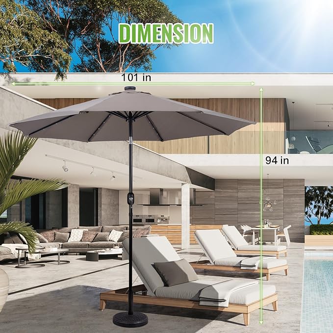 Backyard Expressions 9FT Solar Patio Umbrella with 32 LED Lights, UPF50+ UV Protection, Fade-Resistant Fabric, Easy Tilt & Crank, Outdoor Umbrella for Patio, Deck & Pool (Base Not Included)