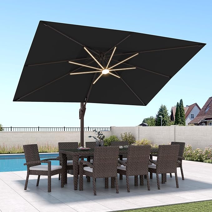 9 X 12 FT Cantilever Patio Umbrella with Led Lights Outdoor Heavy Duty Double Top Rectangle Offset Umbrellas with 360-degree Rotation for Pool Deck Backyard, Black