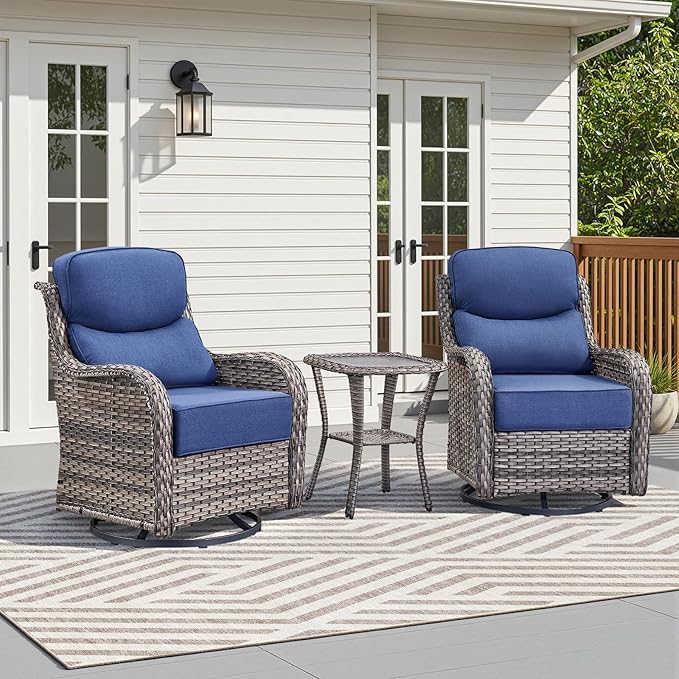 Luxury Outdoor Swivel Rocker Patio Chairs-3 Piece Wicker Patio Rocking Chairs Set of 2 with Glass Side Table 6" Thick Cushions High Back Outdoor Furniture Sets for Deck Porch Balcony(Grey/Blue)