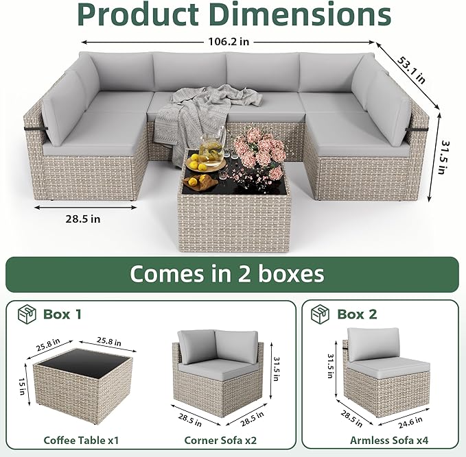 7-Piece Outdoor Sectional Sofa Set, Weather-Resistant Patio Furniture Set with Washable Cushions and Coffee Table, Grey Rattan Patio Conversation Set for Poolside, Backyard, Deck (Grey)
