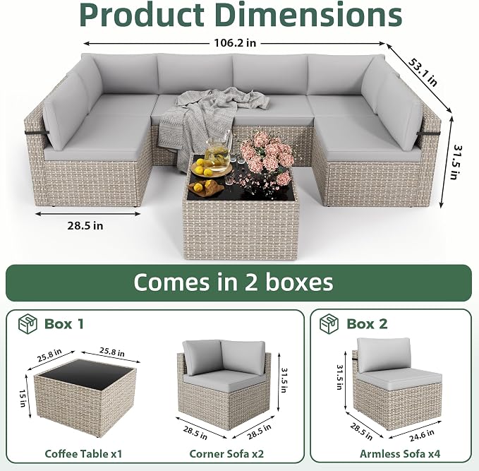 Pamapic 7 Piece Outdoor Sectional Furniture Set, All-Weather Wicker Patio Furniture with Washable Cushions, Waterproof Gray Rattan Conversation Sofa Set for Backyard, Poolside, Garden