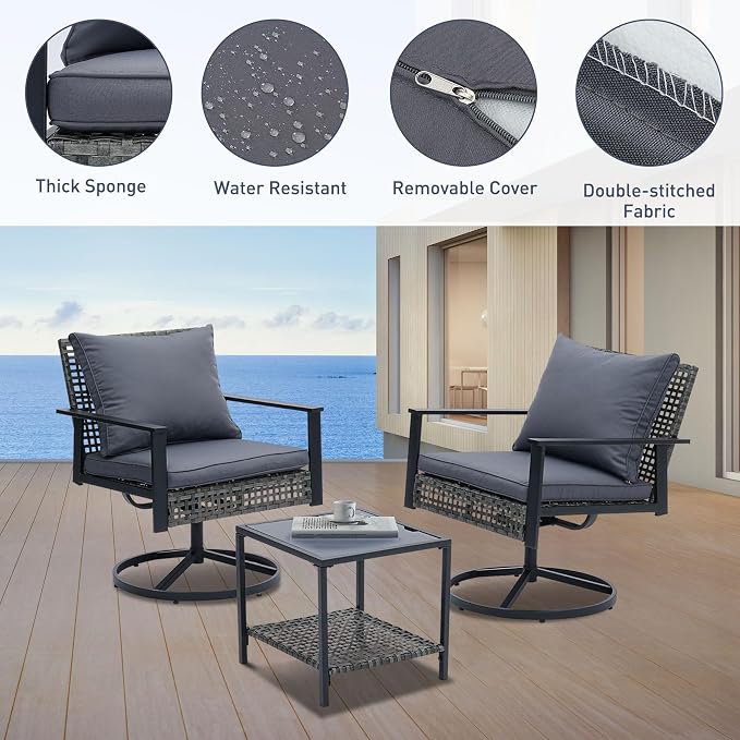 Ainfox 3 Pieces Patio Wicker Chairs Swivel Rocker, Outdoor Swivel Rocker Patio Chairs with Rattan Side Table, Patio Furniture Set for Patio Porch Pool, Grey