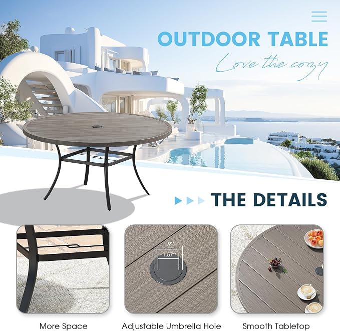 Patio Dining Table for 8-10, Round Metal Outdoor Table with 1.57" Umbrella Hole, 60" Outdoor Slat Tabletop Dining Table for Backyard, Porch, Lawn, Grey