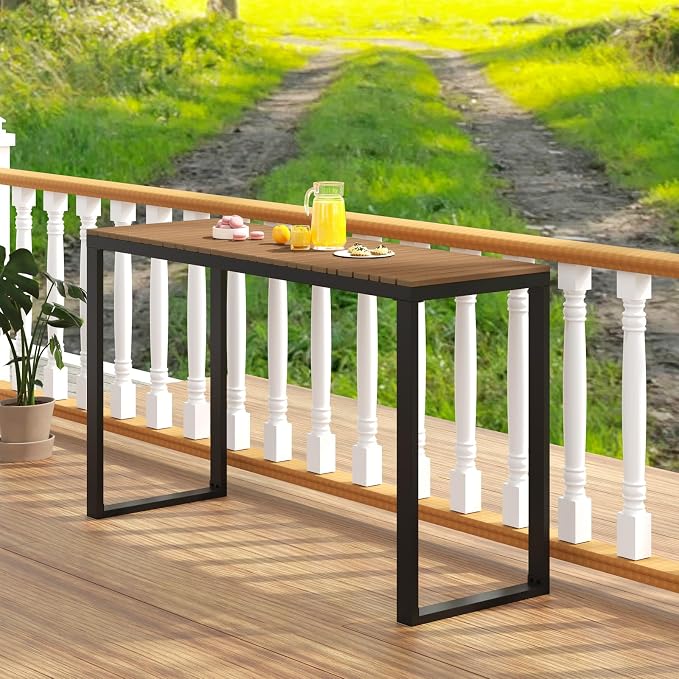 HAPPYGRILL Outdoor Rectangle Console Table with Metal Frame & Foot Pads, for 4-6 People, Patio Bar Dining Table for Backyard, Porch, Deck